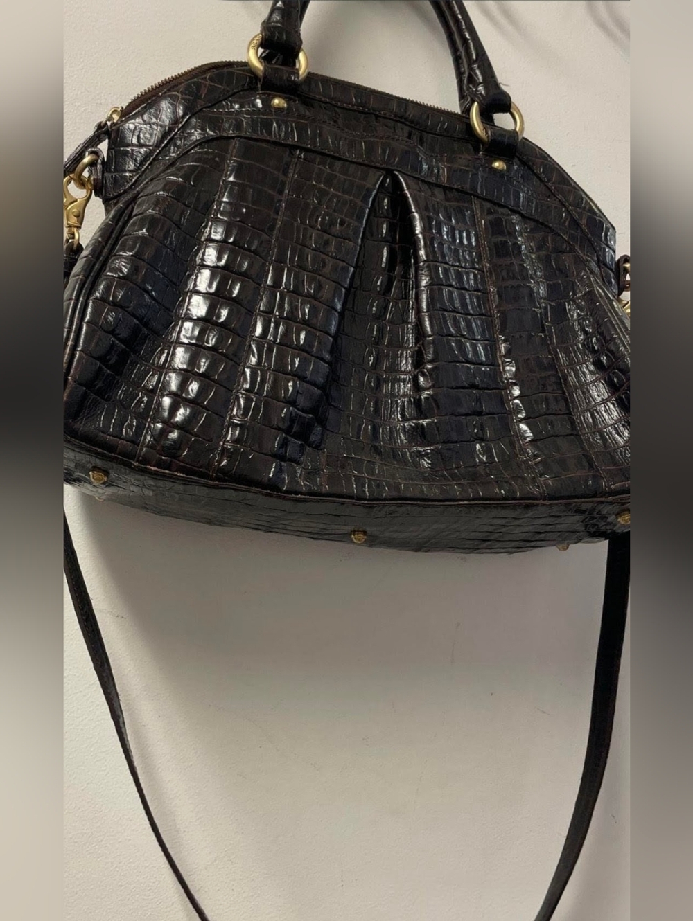 Sold!! Brahmin Black/Brown Croc-Embossed Satchel with Gold Hardware - Picture 6 of 9